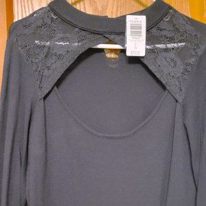 Brand New Black lighter weight sweater with lace inlay and hole in front